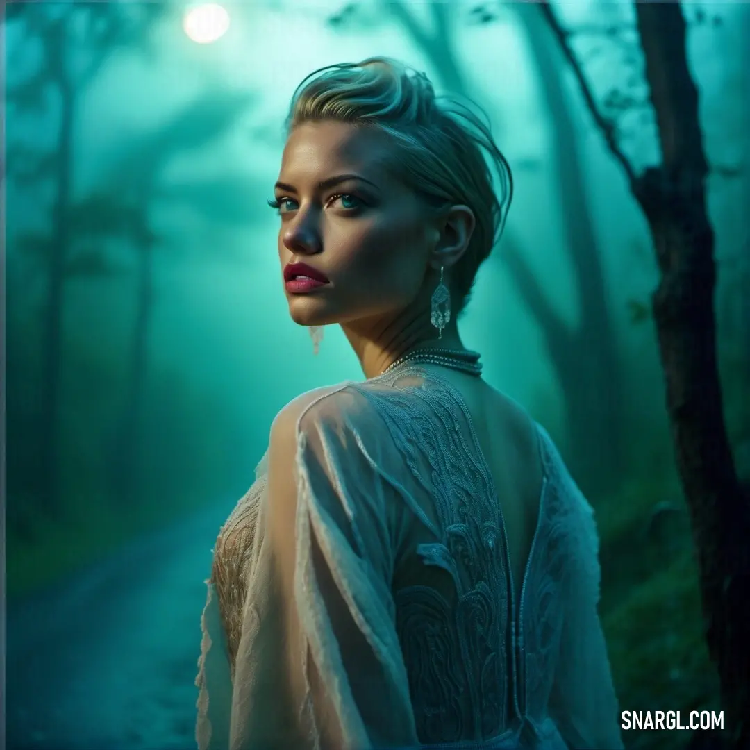 Woman in a white dress standing in the woods with a light shining on her face and a forest path behind her