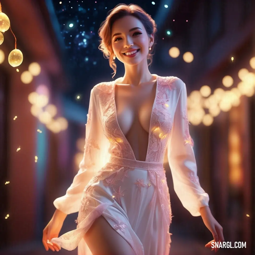 Woman in a white dress is smiling and posing for a picture with lights in the background