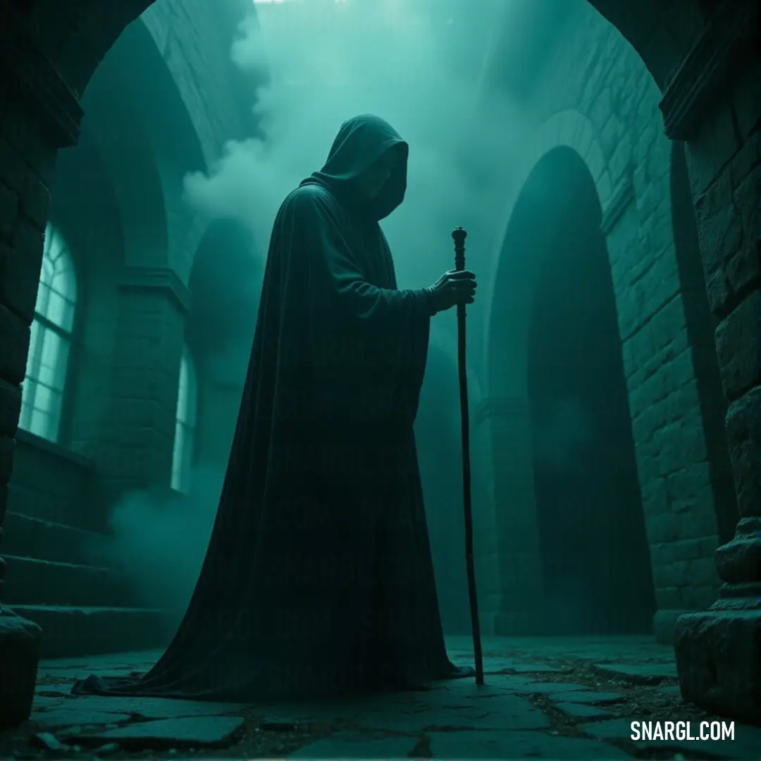 A spectral figure robed in black, holding a staff in a misty tunnel, with light from distant windows adding an eerie ambiance to the haunting scene. A mysterious figure cloaked in dark shadows stands tall in a foggy tunnel, gripping a staff as eerie light pours in from the distant windows, casting an otherworldly glow across the damp stone walls.