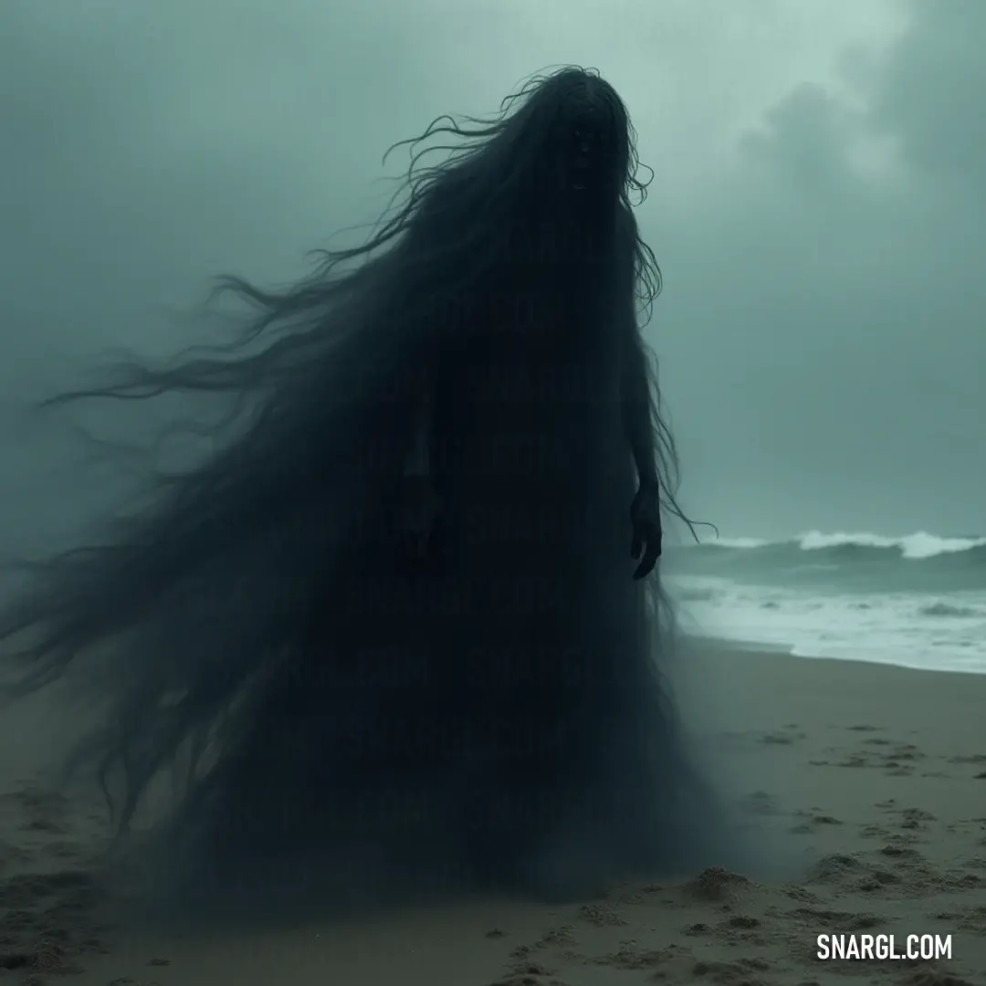 Amidst the swirling fog of a deserted beach, a long-haired Night Specter stands with wind-tousled locks and a bellicose sky overhead. Her spectral form portrays both beauty and melancholy in the cold, forgotten world.