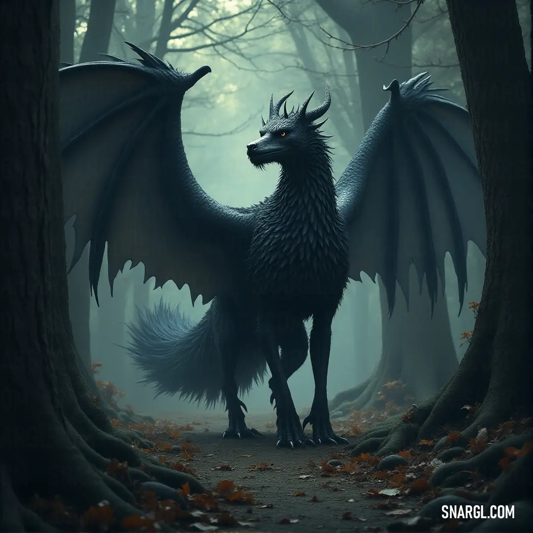 Nightclaw standing proudly in the heart of a mystical forest, its wings spread wide in a display of strength and dominance. A majestic Nightclaw creature stands tall in a shadowy forest, its powerful wings unfurled, blending perfectly with the eerie stillness around it. The glowing eyes of the beast seem to pierce the darkness as it surveys its surroundings.