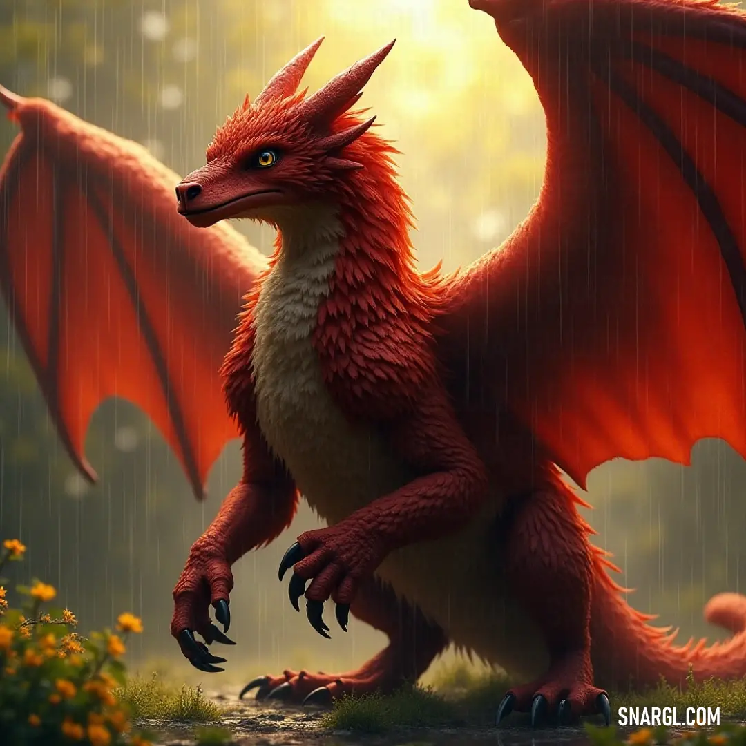 This captivating depiction of a Red Nightclaw amidst falling rain highlights the bird's impressive wingspan and long tail, creating a striking image that brings forth the essence of nature's beauty in motion. A stunning Red Nightclaw displays its long tail and expansive wings while standing in the soft rain, droplets cascading around it. The scene conjures a powerful yet graceful aura showcasing nature's beauty in potent motion.