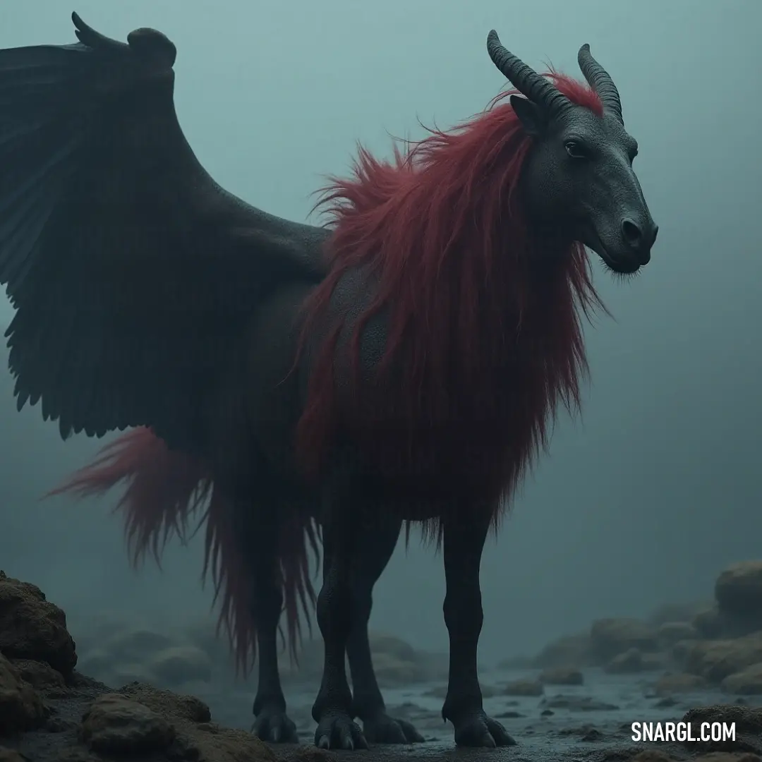 A powerful Black and red Nightclaw stands on the craggy shore, its majestic wings poised to take flight, merging harmoniously with the serene landscape of rocks and glistening water. The fierce Black and red Nightclaw gazes intently, adorned with flowing red mane and striking wings, poised gracefully on a rocky terrain with a serene water body reflecting the surrounding rugged beauty.