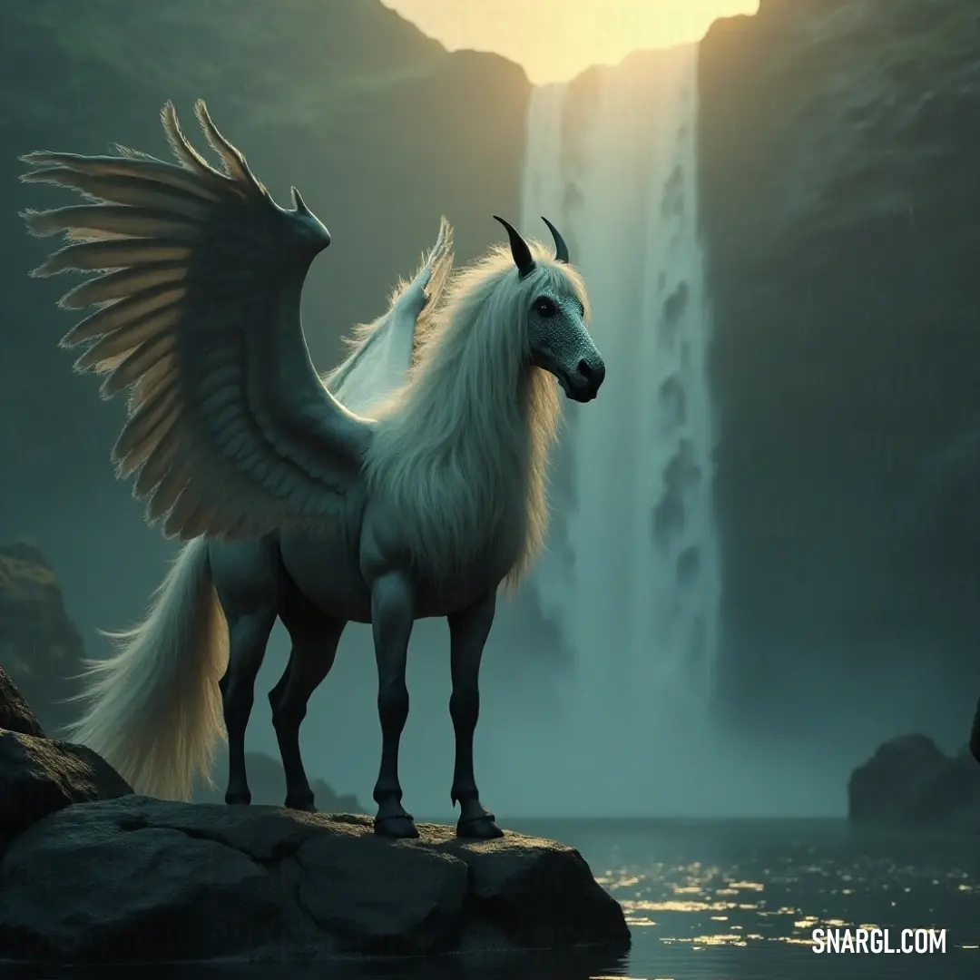 White Nightclaw perched on a rock near a waterfall, showcasing the beauty of nature in an ethereal setting. A majestic White Nightclaw creature stands atop a rock, its wings unfurled in front of a cascading waterfall. The contrast between the pure white of the creature and the lush, wild environment creates a captivating scene of harmony with nature.