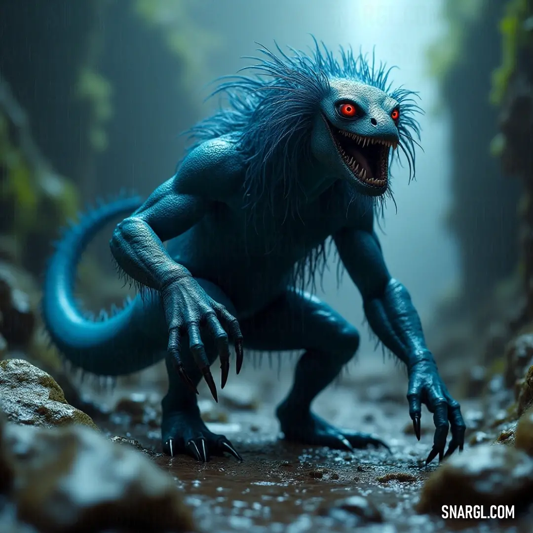 Nightcrawler Chupacabra with red eyes and blue body, standing in a rocky cave with plants and stones. A Nightcrawler Chupacabra with glowing red eyes and a striking blue body stands in a rocky cave. The eerie creature is surrounded by plants and stones, creating an unsettling yet fascinating contrast against the dark surroundings.