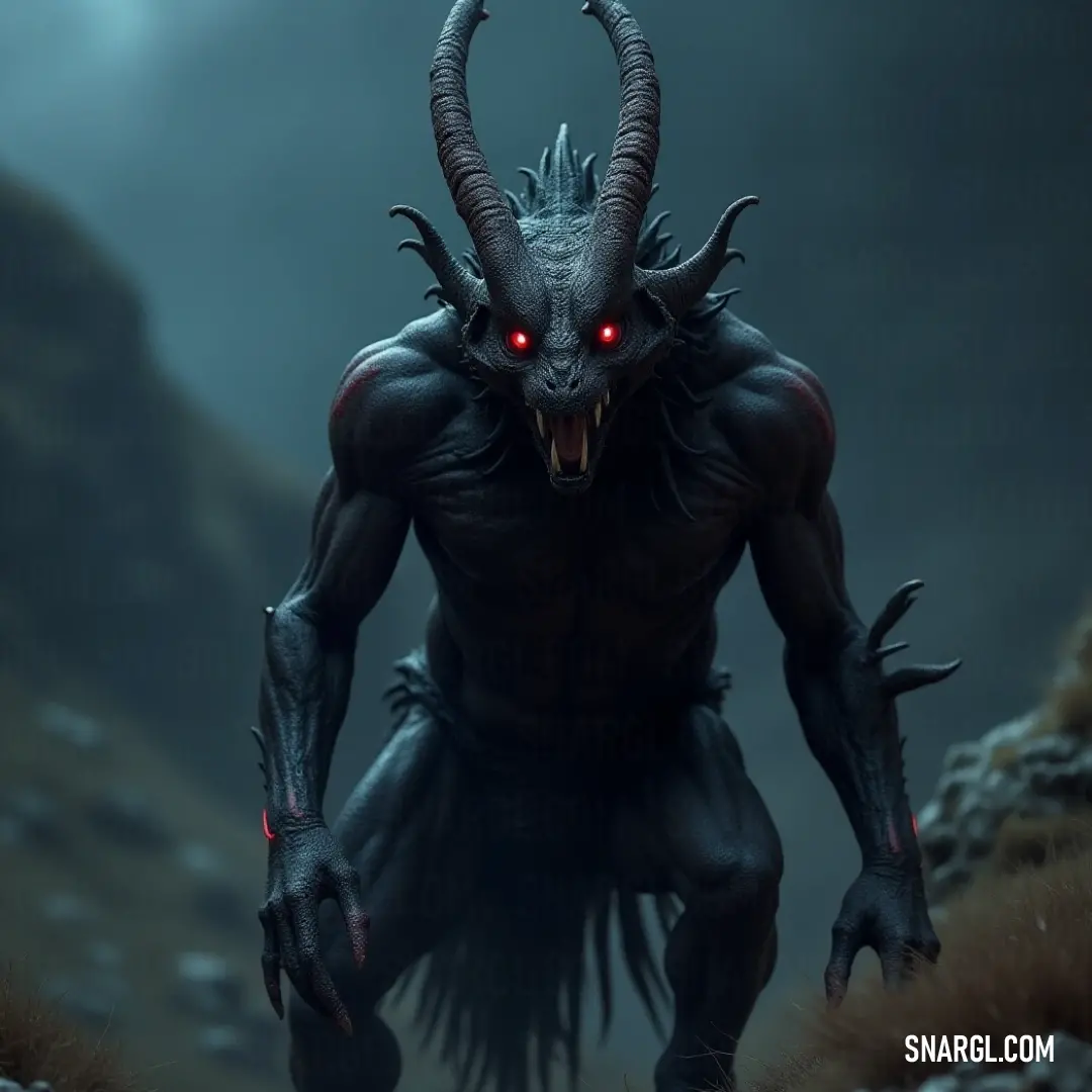 A Demonic Nightcrawler Chupacabra, with red eyes and ominous horns, stands in a dark, foggy landscape. The mist swirls around the creature, and jagged rocks add to the foreboding atmosphere of this mysterious, shadowy world.