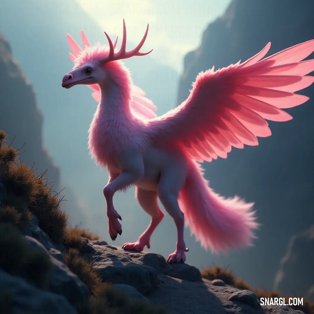 An elegant Pink Nightglide with wings poised on a rocky mountain perch, surrounded by a breathtaking sky. A lovely Pink Nightglide stands elegantly on a rocky outcrop, framed by towering mountains and a vast sky, its wings poised and ready to take flight.