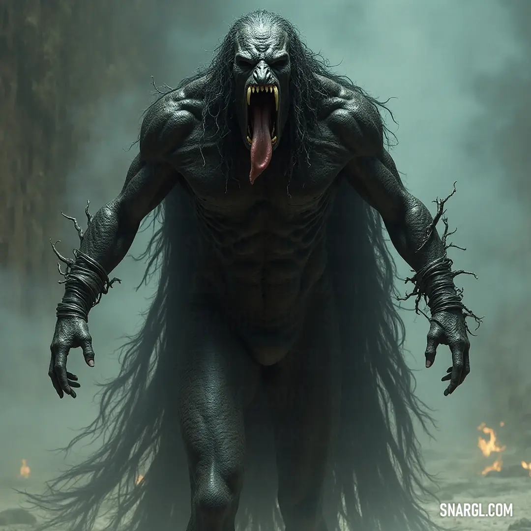 A ghastly Demonic Nightshade exuding an aura of dread, entwined with billowing smoke and dark power. A Demonic Nightshade looms ominously, mouth agape and tongue extended, surrounded by swirling tendrils of thick smoke that accentuate its sinister allure.