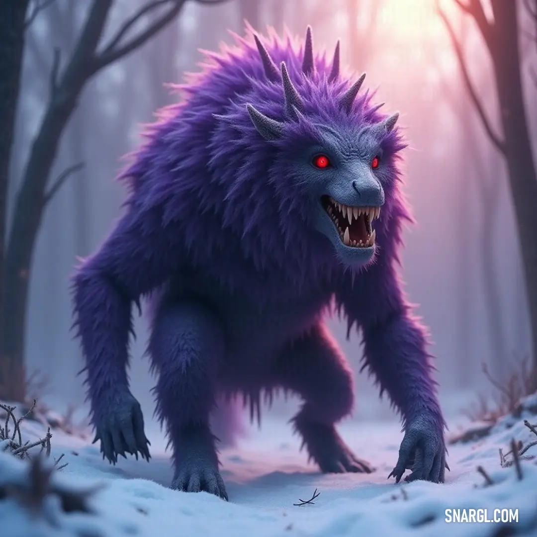 Purple Nightstalker Chupacabra with glowing red eyes stalking the snowy forest, surrounded by trees and thick brush. A fearsome Purple Nightstalker Chupacabra with piercing red eyes, prowling a snow-covered forest. Surrounded by trees and bushes, it blends into the frosty landscape under the darkening sky.