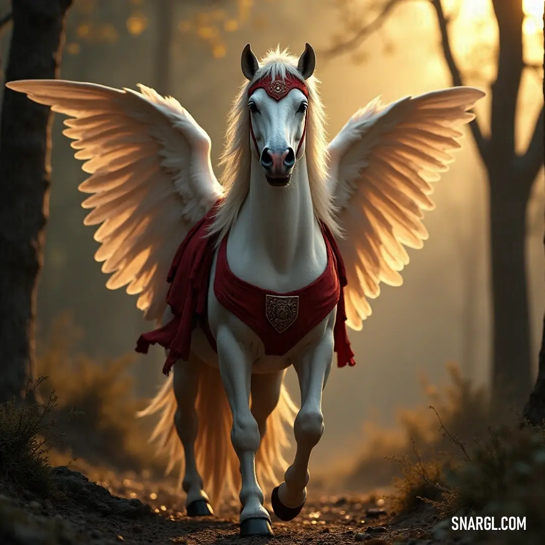 A graceful White Nightstorm gliding through a sun-drenched forest at dusk, with beams of light illuminating the path, creating an enchanting atmosphere within nature's embrace. A serene White Nightstorm, with its beautiful wings elegantly draping, strolls through a tranquil forest at sunset. Gentle beams of sunlight weave through the branches, casting a magical glow on the lush surroundings.