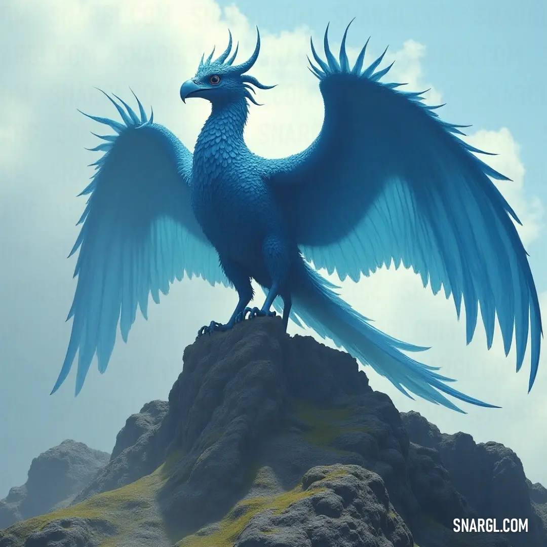 A striking Blue Nighttalon stands on a rugged rock formation, its expansive wings ready to take to the sky, framed by the vastness of a clear blue backdrop, embodying both beauty and power. The Blue Nighttalon stands majestically on a rocky formation, its large wings poised as if ready for flight against a backdrop of serene blue skies, the curves of its feathers catching the light, a symbol of strength and elegance.