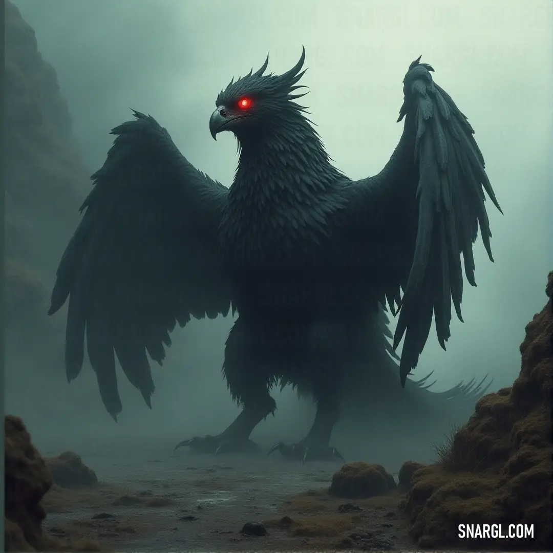 A large Nightwing with fiery red eyes looms on rocky ground, its form partially obscured by fog, creating an atmosphere of tension and intrigue. A powerful Nightwing with glowing red eyes stands on a rocky terrain, surrounded by a foggy landscape, its presence adding an aura of mystery and intensity to the environment.