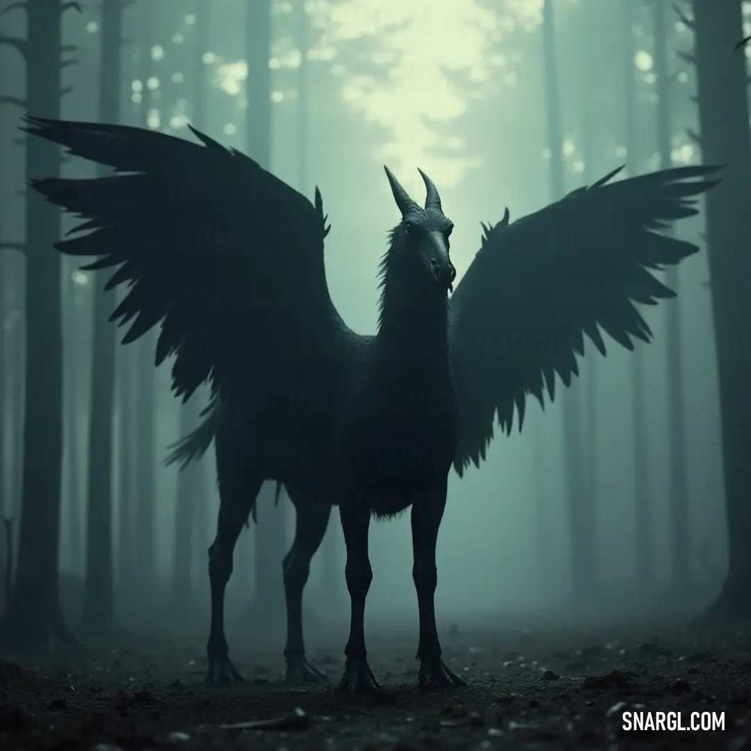 The fierce Black Nightwing looms proudly in a dense forest, its formidable wings framing the backdrop of towering trees. The fierce Black Nightwing looms proudly in a dense forest, its formidable wings framing the backdrop of towering trees. The creature exudes power and grace, capturing the essence of the wild and its undying spirit.