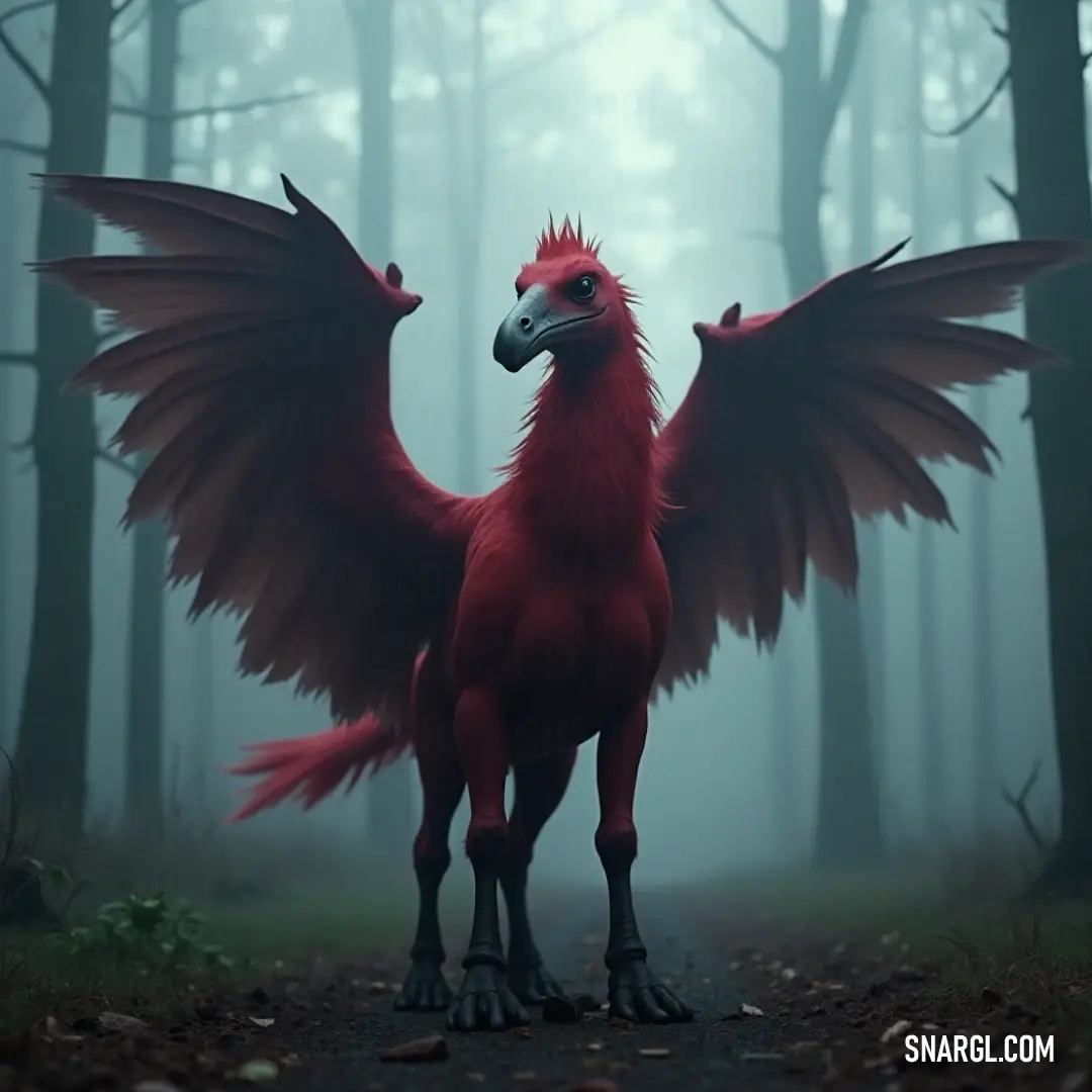 A majestic Red Nightwing standing in a fog-laden forest, its wings outstretched in an enchanting display of beauty. Emerging from a mystical forest shrouded in fog, the awe-inspiring Red Nightwing spreads its immense wings, an epitome of mystery and grace amidst the misty trees and scattered leaves underfoot.