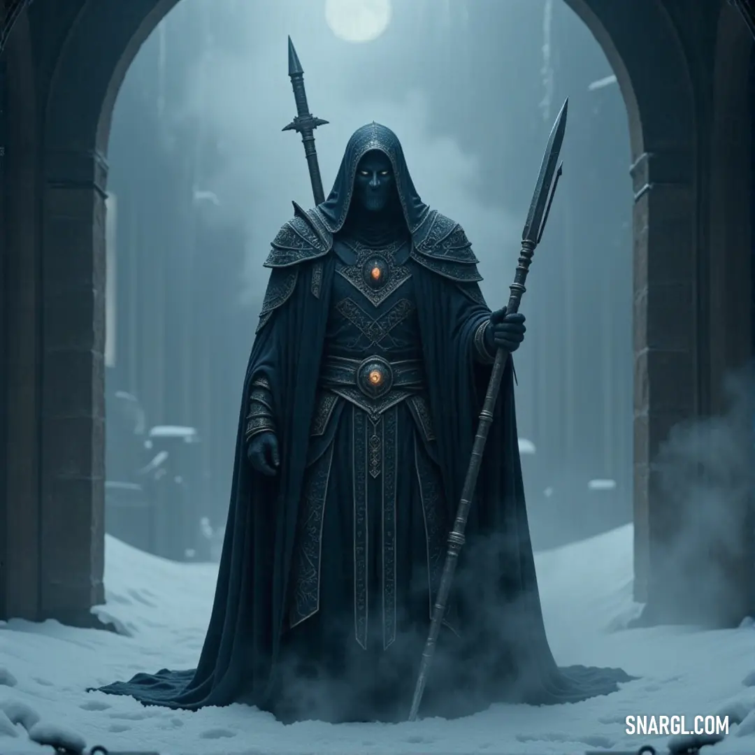 A formidable Nightwraith dressed in black, gripping two swords, amidst a snowy scene with a grand stone archway in the distance. A mysterious Nightwraith cloaked in black, wielding two sharp swords, stands solemnly in a snow-covered landscape. Behind, an ancient archway looms, its weathered stone reflecting the cold winter atmosphere.