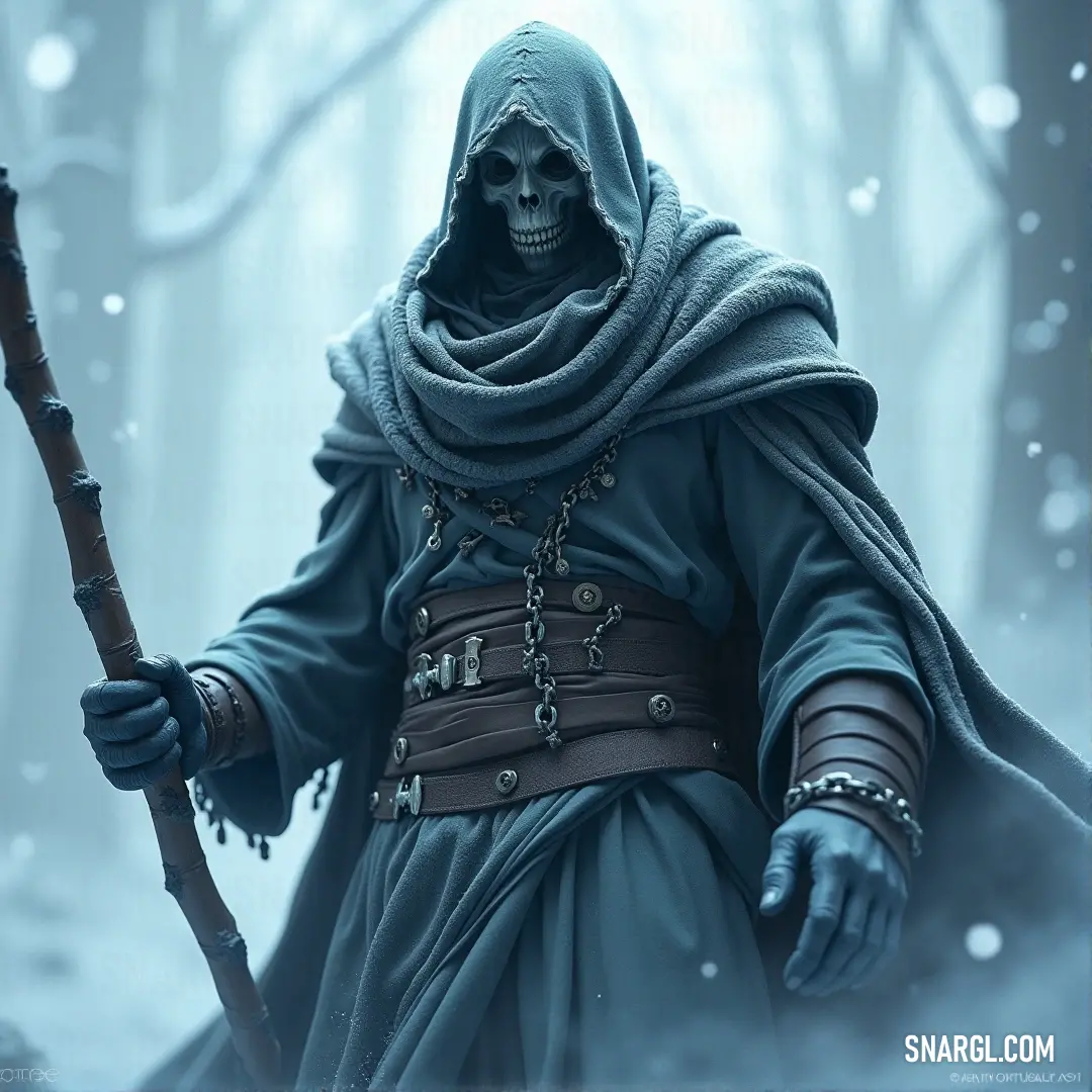 A Nightwraith, tall and imposing, holds a staff as he stands in a snow-covered forest. The trees around him are blanketed in snow, and snowflakes gently fall, adding a peaceful contrast to the wraith’s spectral presence.