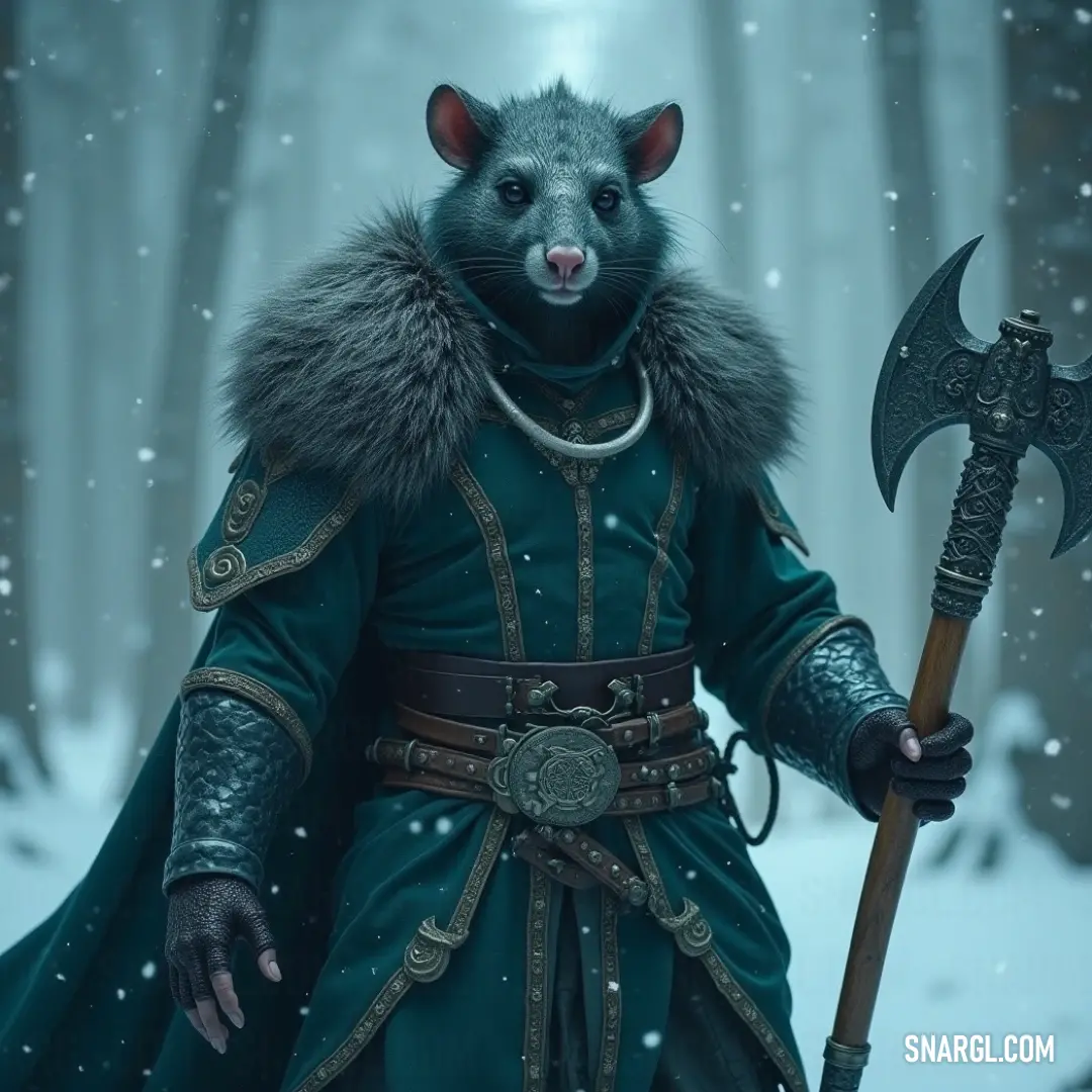 Nik in a green outfit, axe in hand, stands in a snow-covered landscape, ready for the challenges of winter’s chill. Nik, clad in a green outfit with fur accents, holds a massive axe in the snowy landscape, the wind whipping around as he stands strong, surrounded by a winter wonderland.