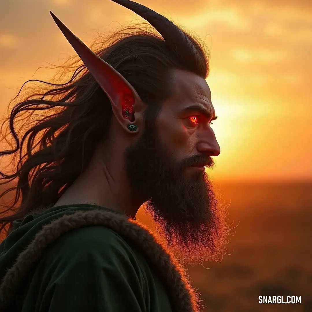 With a dramatic sunset illuminating the background, Nikodemos displays a rugged persona characterized by his horns and beard, his red eyes filled with intensity, as he stands in contemplation of the day's end, evoking feelings of strength and depth.