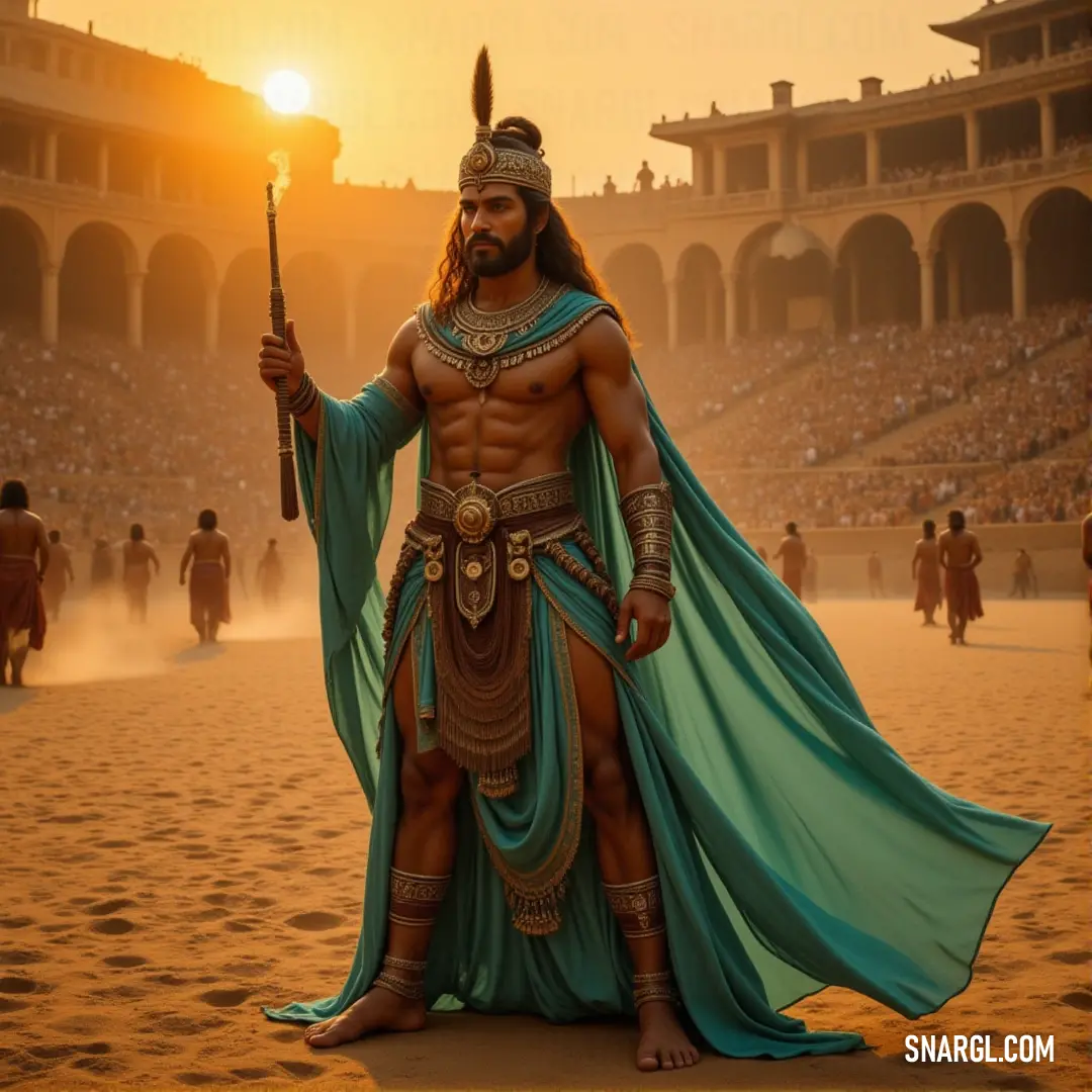 A mighty warrior in an ancient costume stands on the beach, sword in hand, as a crowd watches in awe, with the waves and ocean in the background. A heroic figure dressed in an ancient warrior's costume stands confidently on a sandy beach, holding a gleaming sword in one hand. Behind him, a crowd of onlookers gathers, captivated by the scene unfolding as waves crash onto the shore.