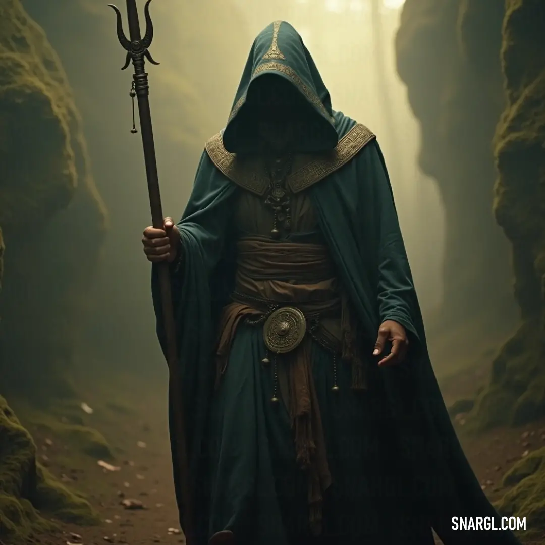 A lone wanderer in a hooded robe, standing amidst a lush forest, feeling the essence of the ancient woods, with a staff that seems to connect him to the earth. A solitary figure clad in a flowing hooded robe stands amidst ancient moss-covered trees, holding a sturdy staff, channeling tranquility and the spirit of nature in a serene forest setting.