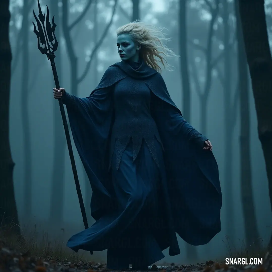 A captivating figure in a flowing blue dress stands against the backdrop of a mysterious forest, with her staff radiating an enchanting energy that connects her to the unseen realms. Amidst a fog-laden forest, a figure clad in a striking blue dress holds a staff, her presence commanding the ethereal mist around her, embodying both elegance and an ancient power that stirs the imagination.