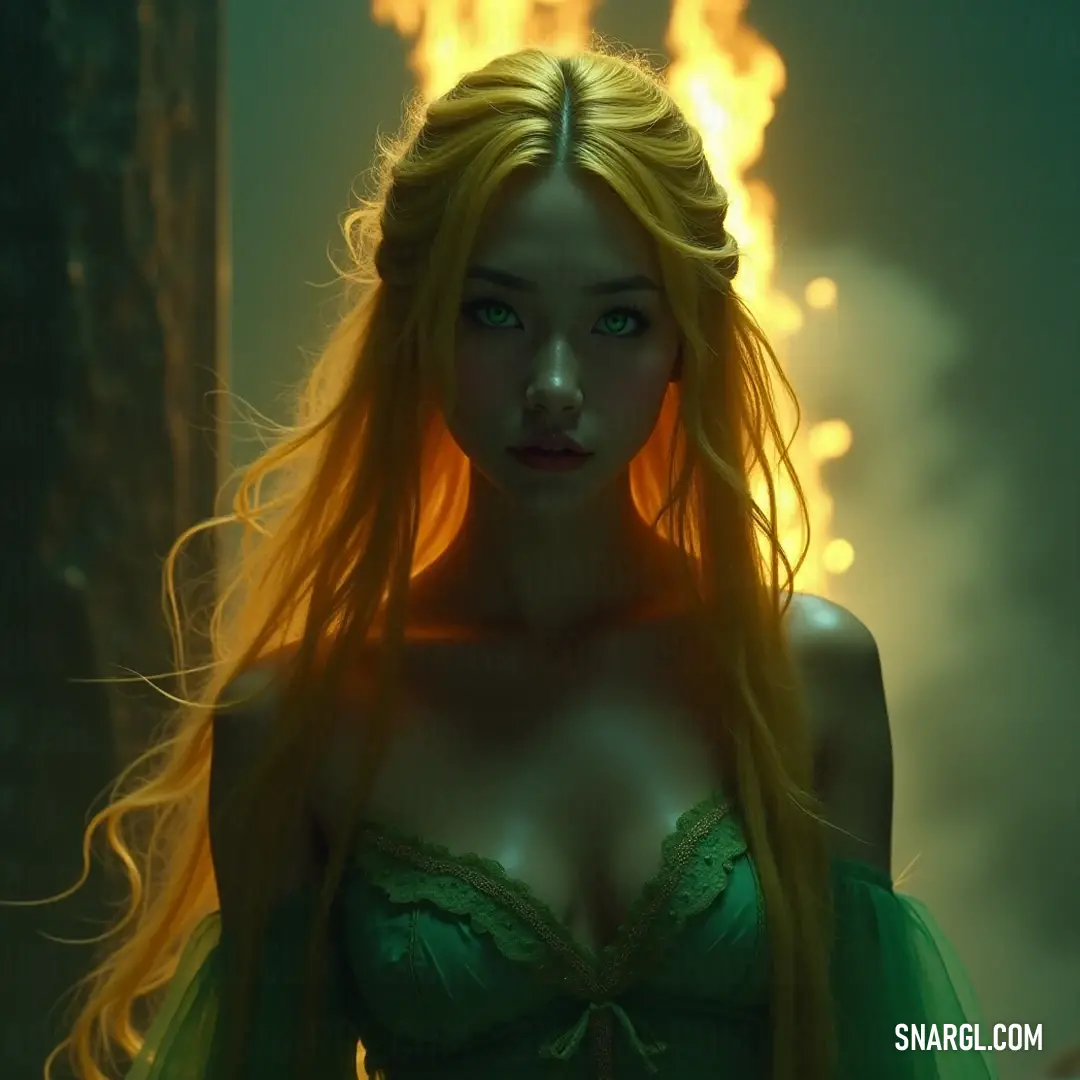 In a fiery realm, a fierce Ningyo with long, flowing blonde hair dons a vibrant green dress, her striking presence accentuated by the warm, flickering flames that swirl passionately around her.