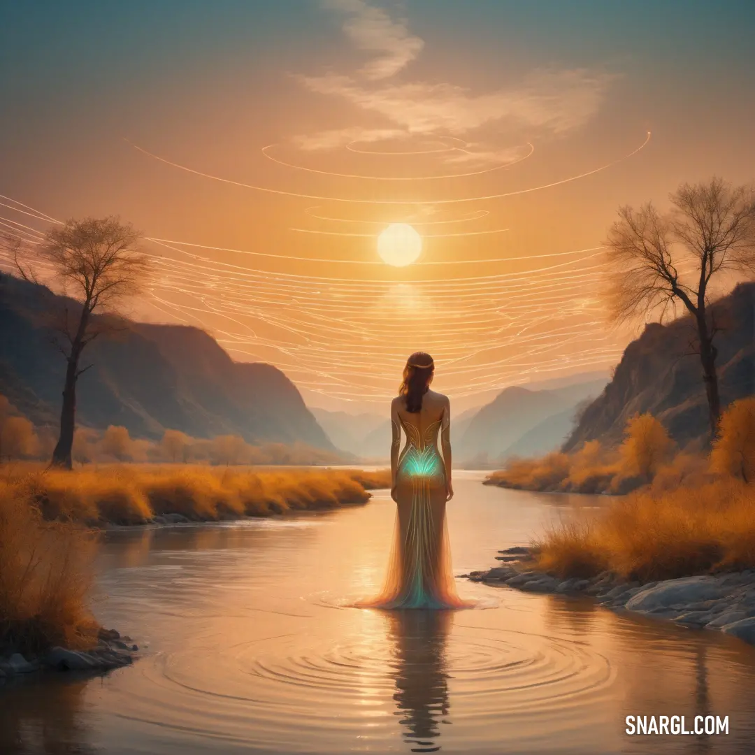 Ningyo standing in a river at sunset with a green light in her hand and a sky with contrails