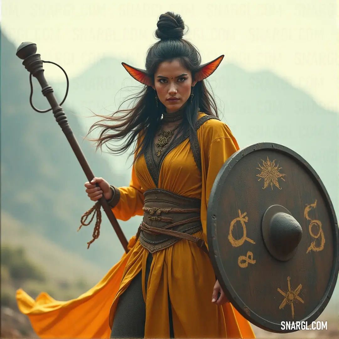 A warrior woman in yellow armor, holding a shield and sword, with a horned helmet, exudes strength and legend. A woman dressed in a yellow warrior's outfit, holding a shield and sword, stands proudly. The horns on her armor and her horned helmet make her look both fierce and majestic, embodying a powerful figure from a world of legends.