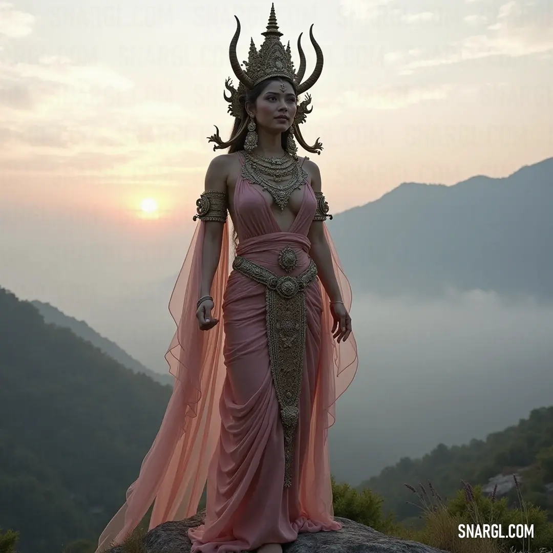An enchanting figure in a vivid pink gown stands atop a rocky perch, framed by towering mountains and the majesty of nature, evoking a spirit of adventure. A striking figure in a vibrant pink dress stands confidently atop a rugged rock, with majestic mountains rising in the background. The scene captures the spirit of adventure and the raw beauty of nature as the wind gently tousles her hair.