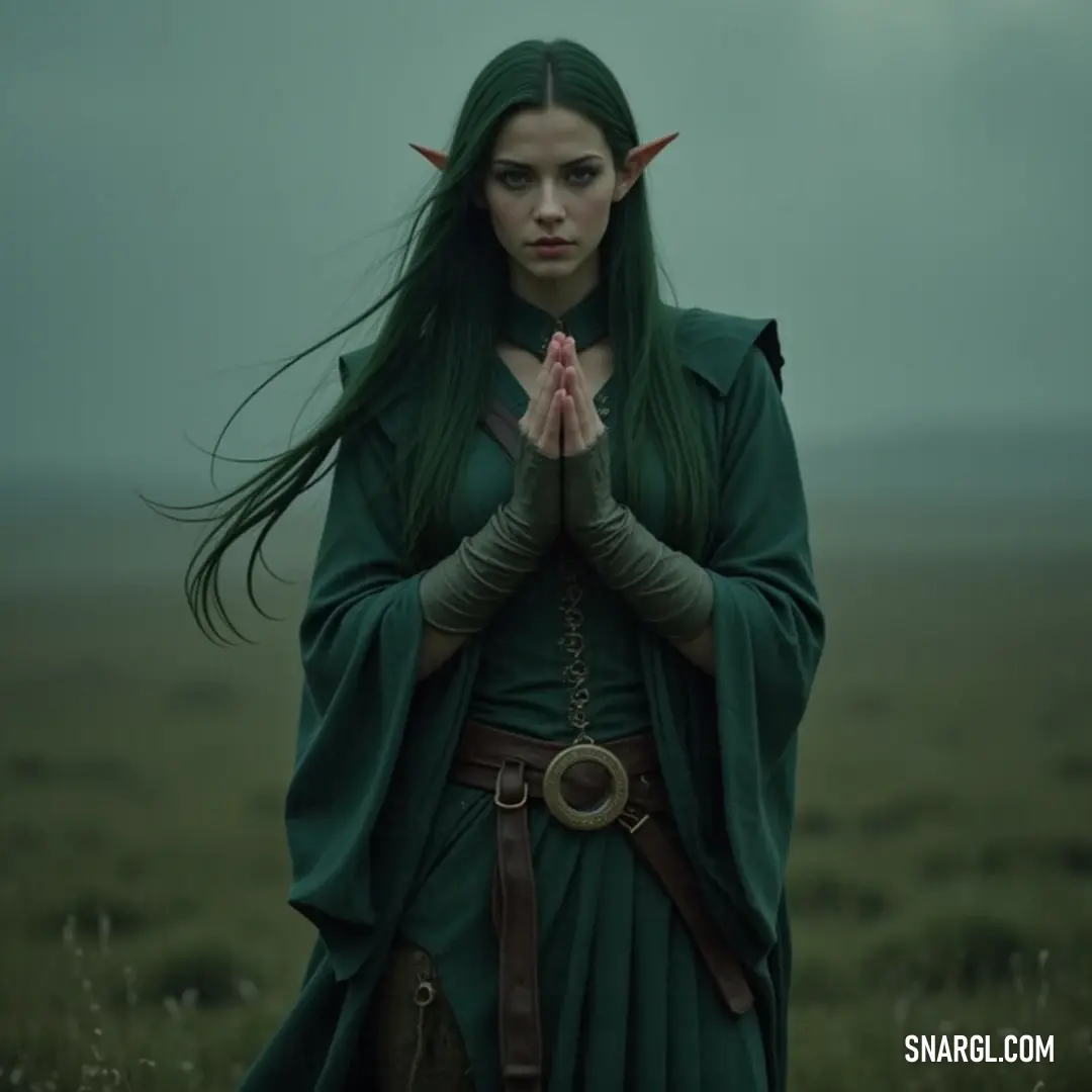 A serene figure with green hair and beautiful horns bows in prayer amidst a vibrant field, radiating tranquility and a profound bond with the natural world surrounding them. A mystical being, with striking green hair and elegant horns, stands serenely in a sunlit field, hands gracefully folded in prayer, embodying a sense of harmony with nature and a connection to deeper realms.