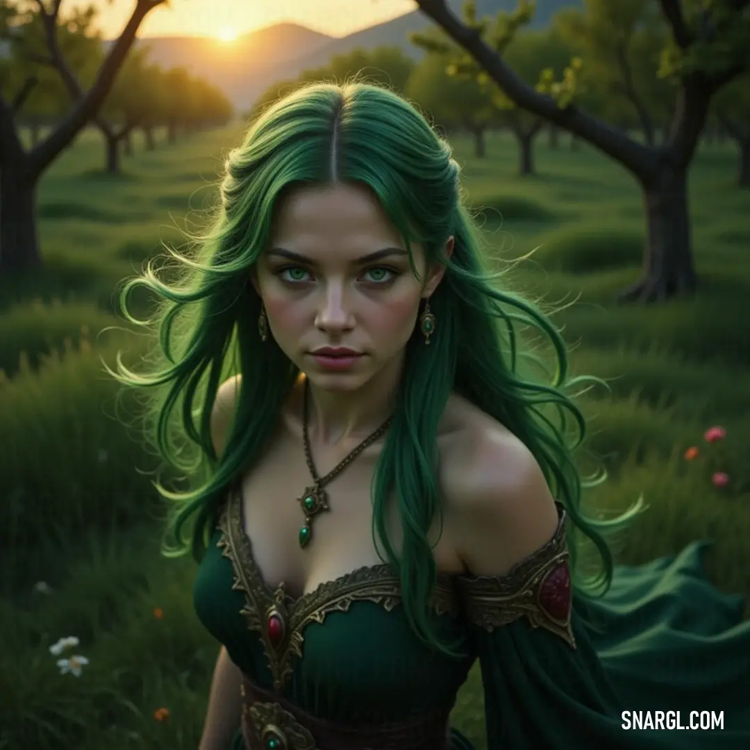 A graceful figure with flowing green hair dons a beautiful green dress amidst a stunning field. Tall trees in the distance create a picturesque backdrop, perfectly harmonizing with the serene peace and vivid colors of nature's splendor surrounding her.