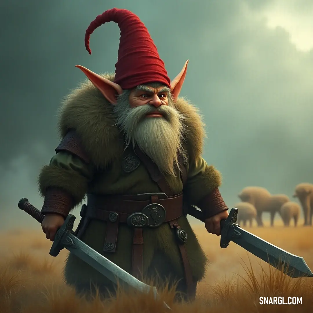 A brave Nissefar stands tall with a gleaming sword, surrounded by a picturesque herd of sheep grazing peacefully in a lush green landscape, all under a clear blue sky.