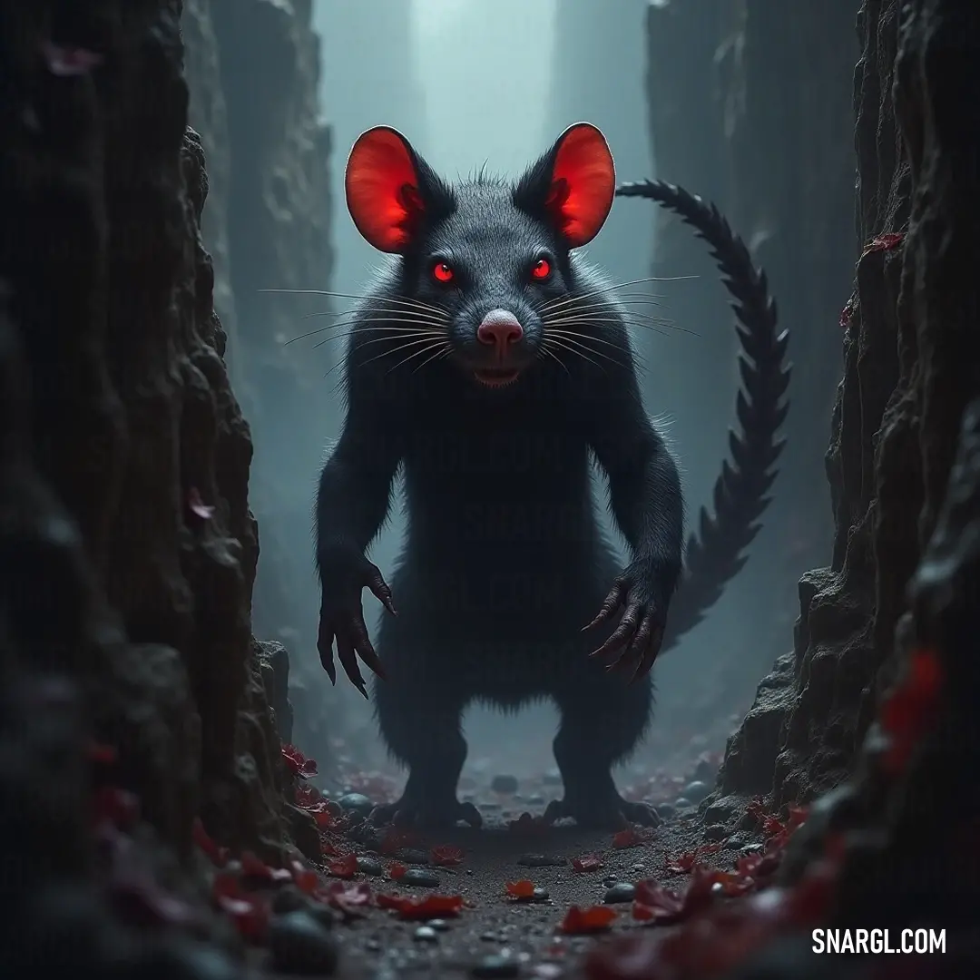 A striking Nix stands in a cave adorned with red leaves, its red eyes glowing ominously against a dark backdrop, creating a captivating contrast that evokes a sense of mystery and intrigue.