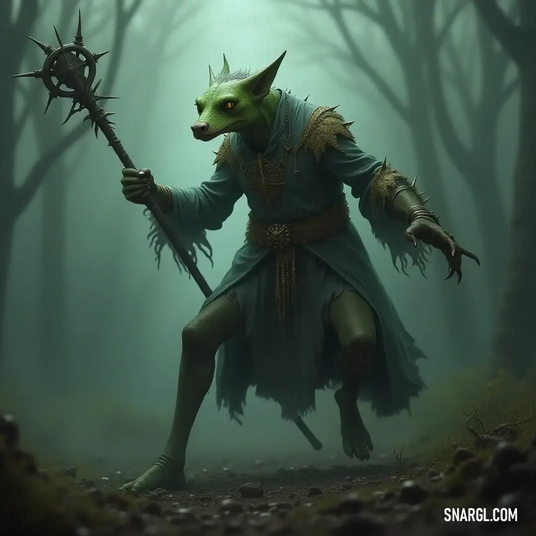 A horned Nix wielding a stick in a fog-laden forest, surrounded by towering trees. A mystical creature known as a Nix, characterized by its horned head, stands firmly in a forest, gripping a gnarled stick. The surrounding trees loom ominously, while a layer of dense fog blankets the forest floor, creating an atmosphere of enchantment an