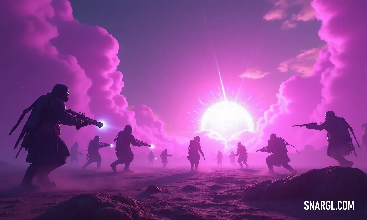 A striking image capturing a diverse group of individuals equipped with firearms, poised in a sunlit desert landscape. The vast expanse stretches behind them, radiating a sense of urgency and resilience under the harsh, golden sun.