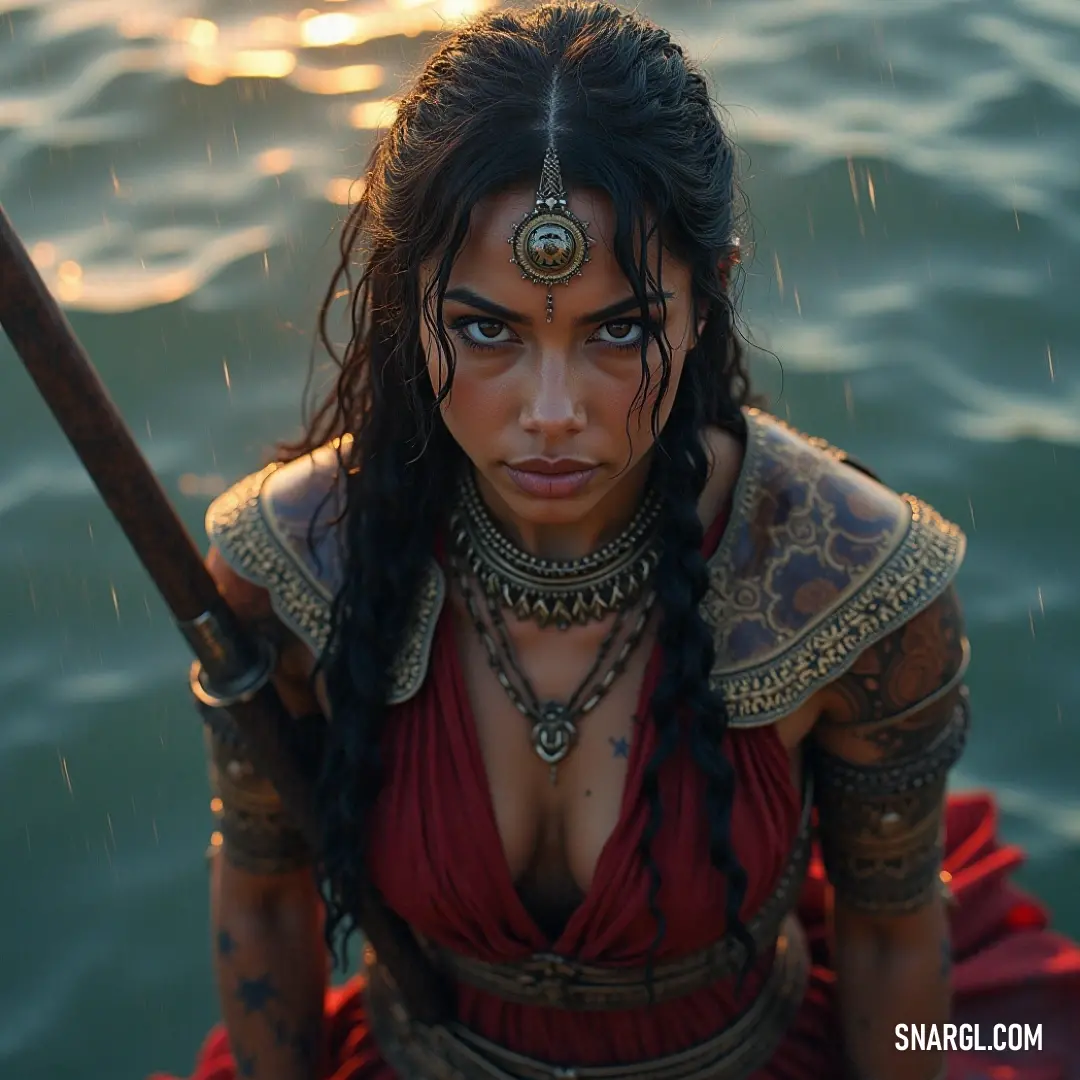 A magical figure in red by sunlit waters An enchanting character dressed in vibrant red, gracefully holding a sword, gazes upon the shimmering waters under the warm embrace of a radiant sun, evoking an aura of magic and adventure in a tranquil setting.