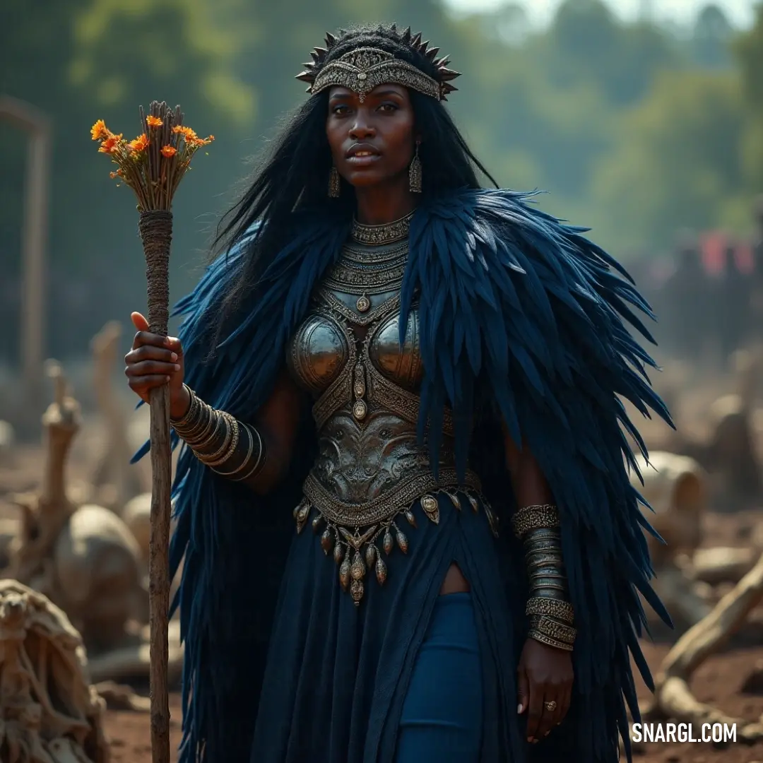 Nmamet in a unique costume, holding a flower and stick in a desolate field surrounded by lifeless animals, creating a scene full of mystery and intrigue. A character named Nmamet, wearing a detailed and whimsical costume, holds a stick and a delicate flower in her hand. She stands among a surreal scene in a vast field of lifeless animals, adding a mysterious and haunting atmosphere to the landscape.