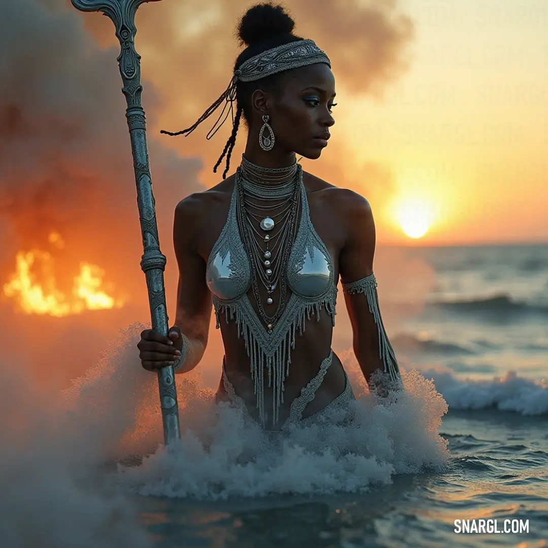 A woman in a bikini stands in the water at sunset, holding a stick, while smoke rises mysteriously from the water. The colors of the sunset reflect on the water, creating a surreal and enchanting atmosphere.
