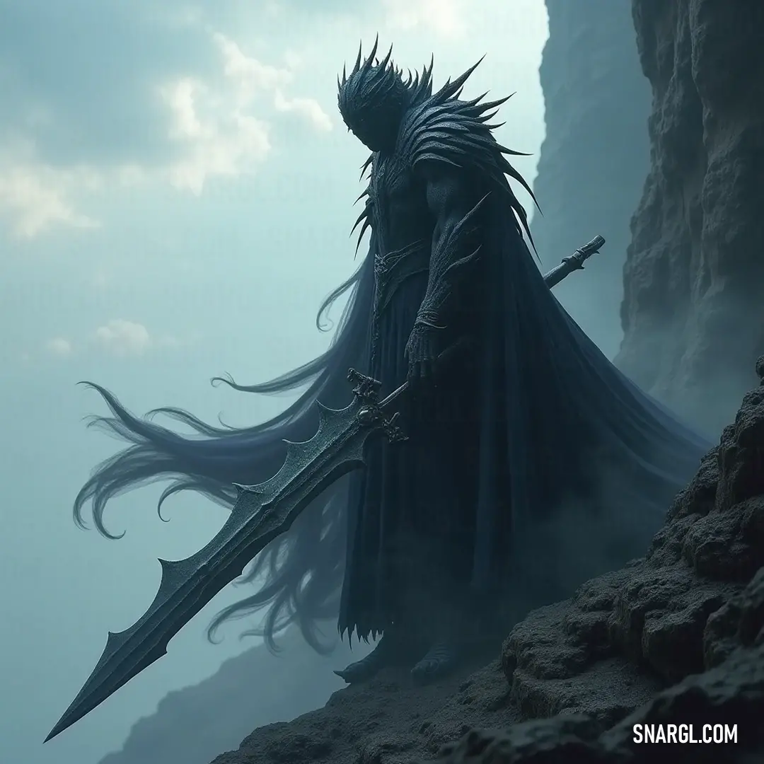 A powerful figure, Nocturne, stands resolutely on a mist-covered cliff, brandishing a sword, as a massive, grotesque head emerges from the fog, foreshadowing an impending battle. Nocturne, a formidable figure wielding a mighty sword, stands confidently on a foggy cliff, with swirling mist and a gargantuan demon-like head looming ominously behind, hinting at an epic confrontation.