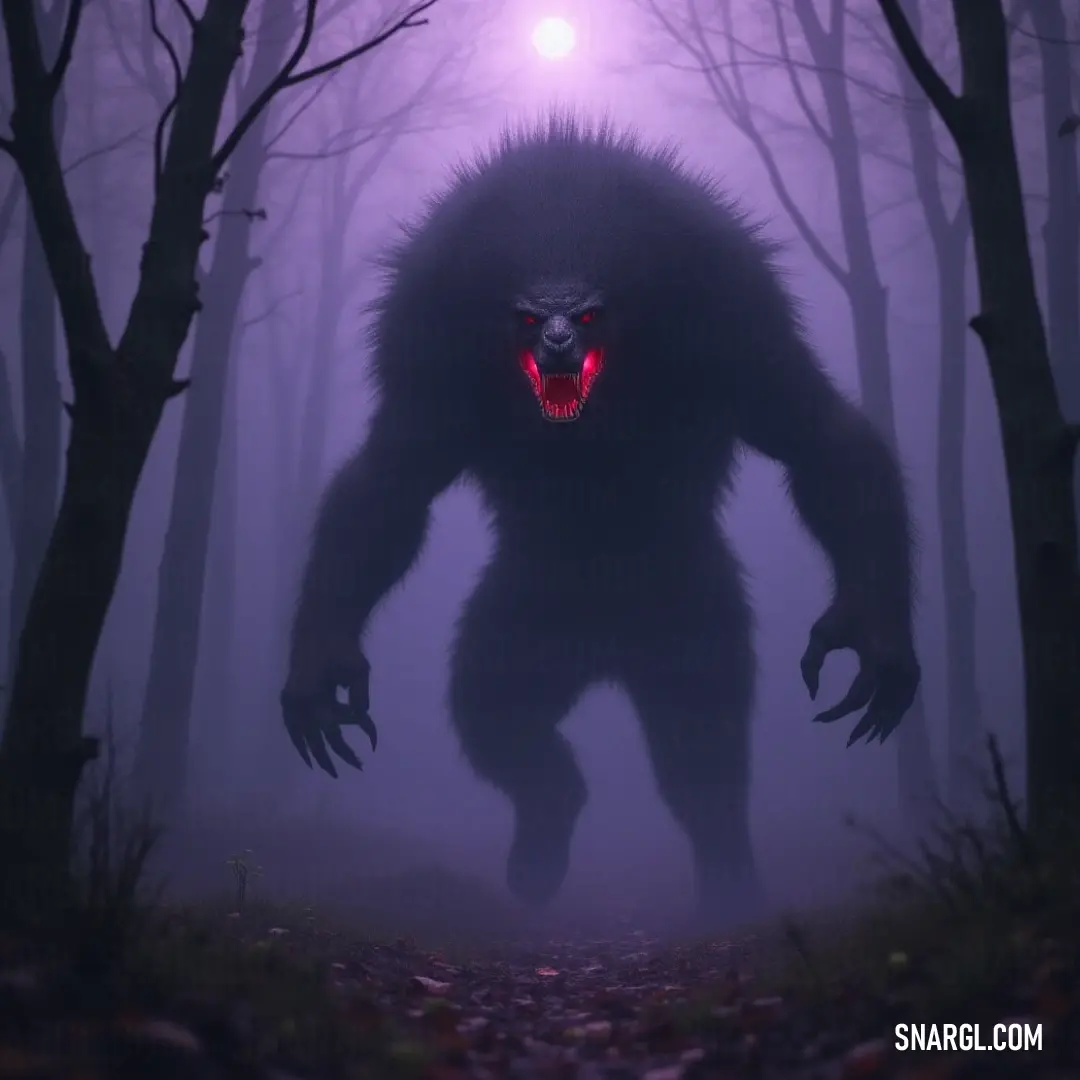 A large, furry Nocturno with glowing red eyes, standing in a dark forest with a creepy expression. A large, furry Nocturno with glowing red eyes stares ominously from the shadows of a dark forest. Its creepy expression and intense gaze are amplified by the faint red glow coming from its eyes, creating a terrifying yet captivating look.