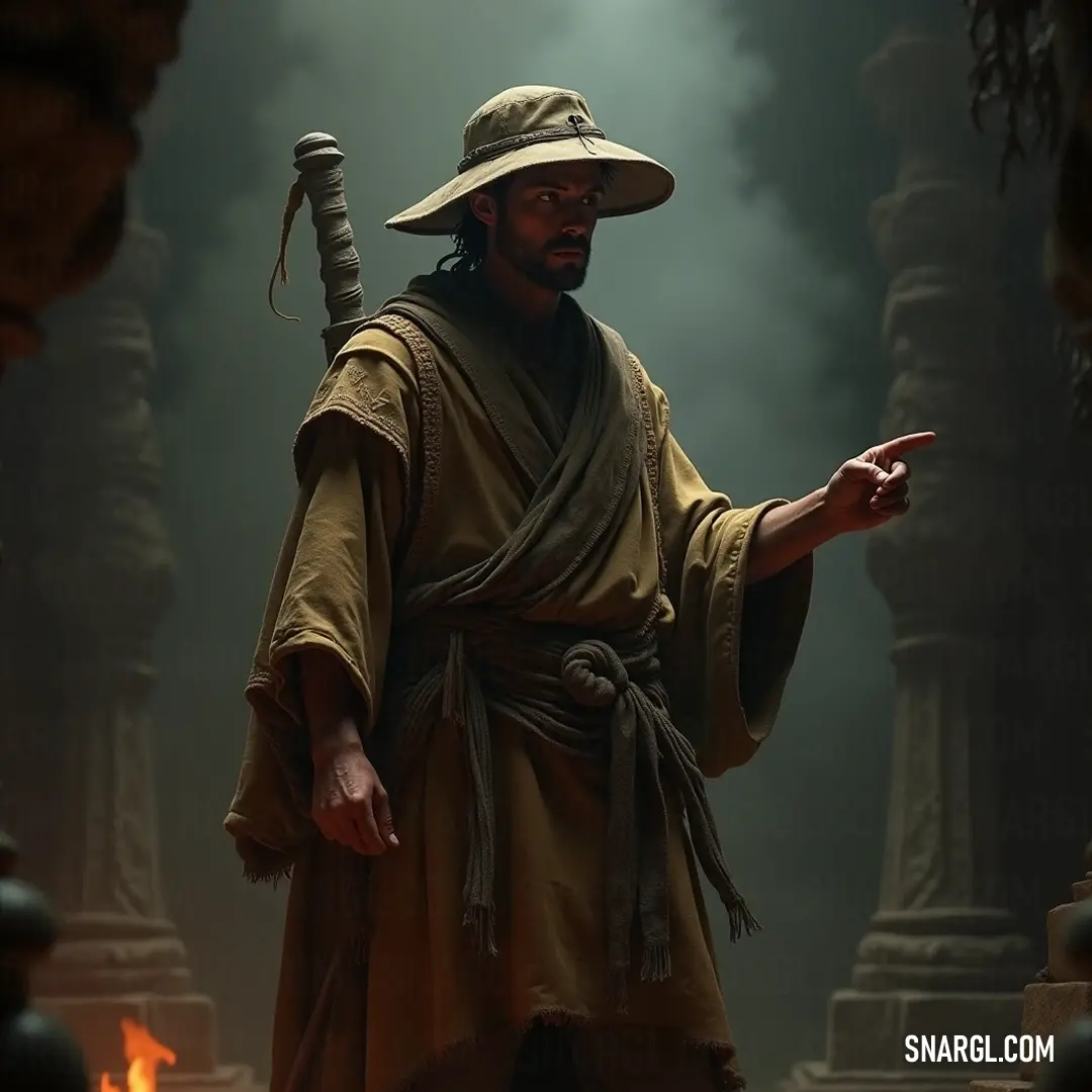 A robed adventurer raises his sword, pointing toward the horizon, where untold stories and mysteries await beyond the mountains. Draped in a traditional robe, a noble figure holds a sword aloft, gesturing toward an unseen destiny in the distance. The mountainous horizon signifies the adventures that await beyond the valley.