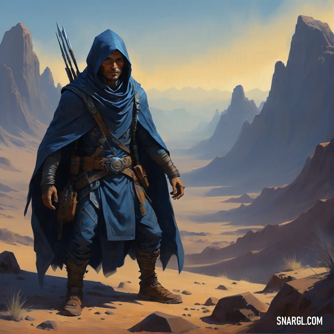 Nomad in a desert with a sword and a desert landscape in the background