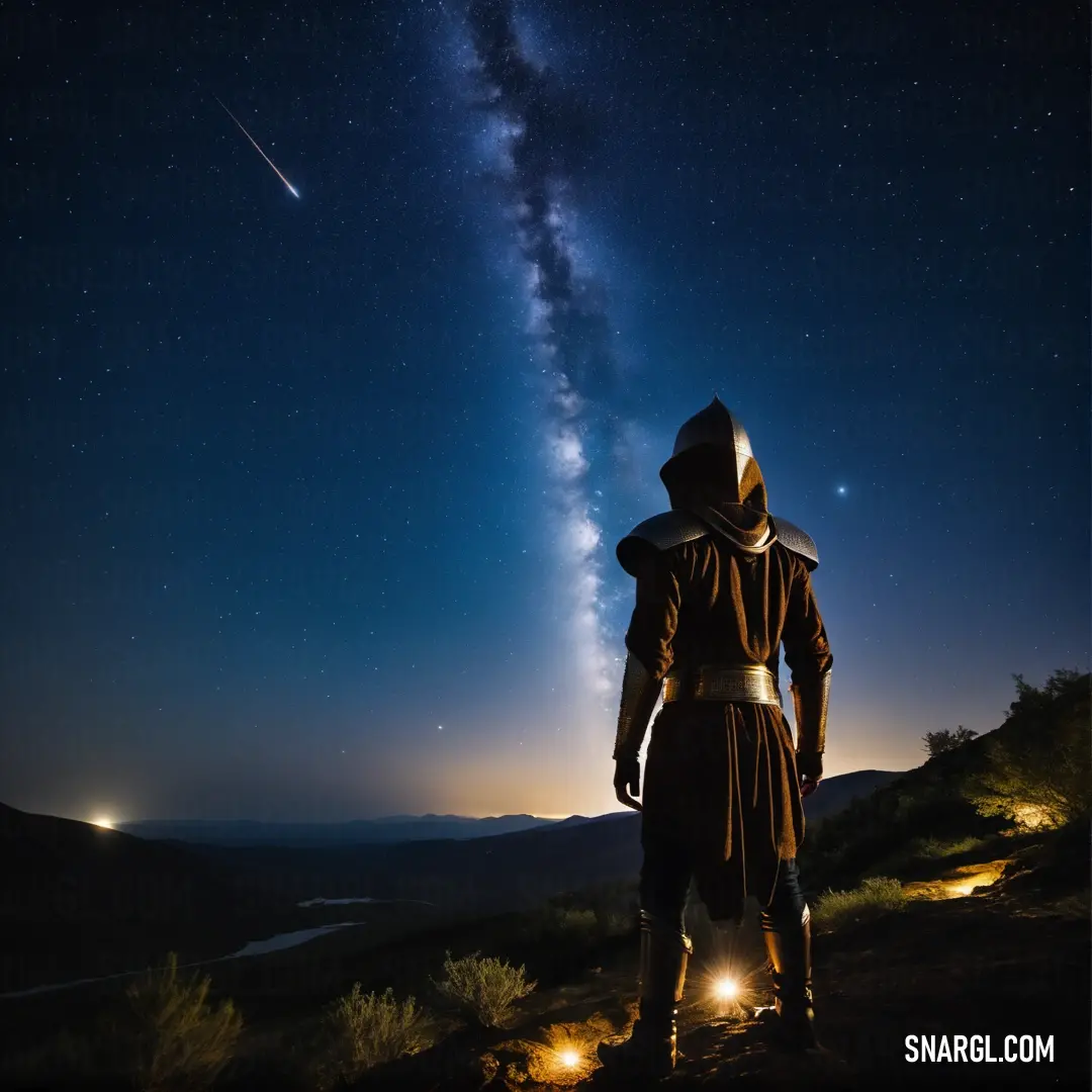 Nomad in a hooded jacket looking at the stars in the sky with a telescope in his hand