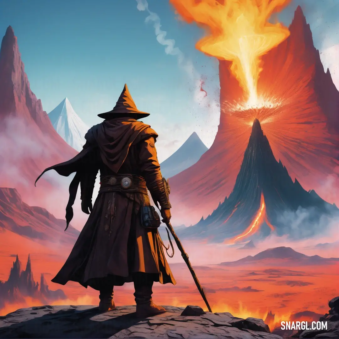 Nomad in a long coat and hat standing on a hill with a sword in his hand and a volcano in the background