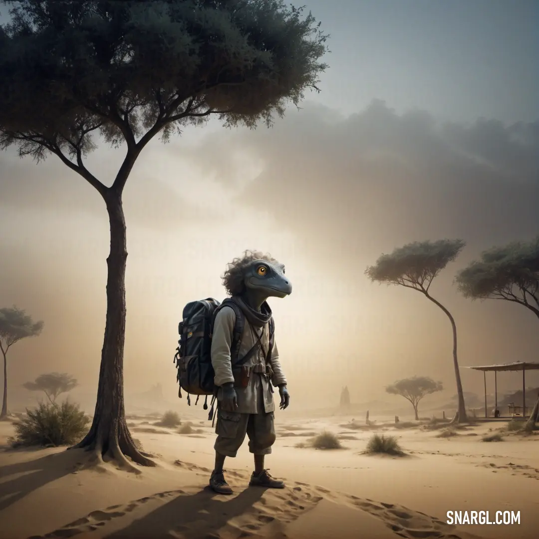 Nomad with a backpack standing in the desert near a tree and a dinosaur head on his backpack
