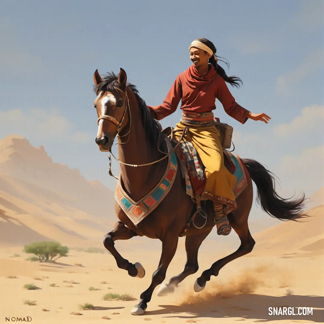 Painting of a female Nomad riding a horse in the desert with a desert landscape in the background
