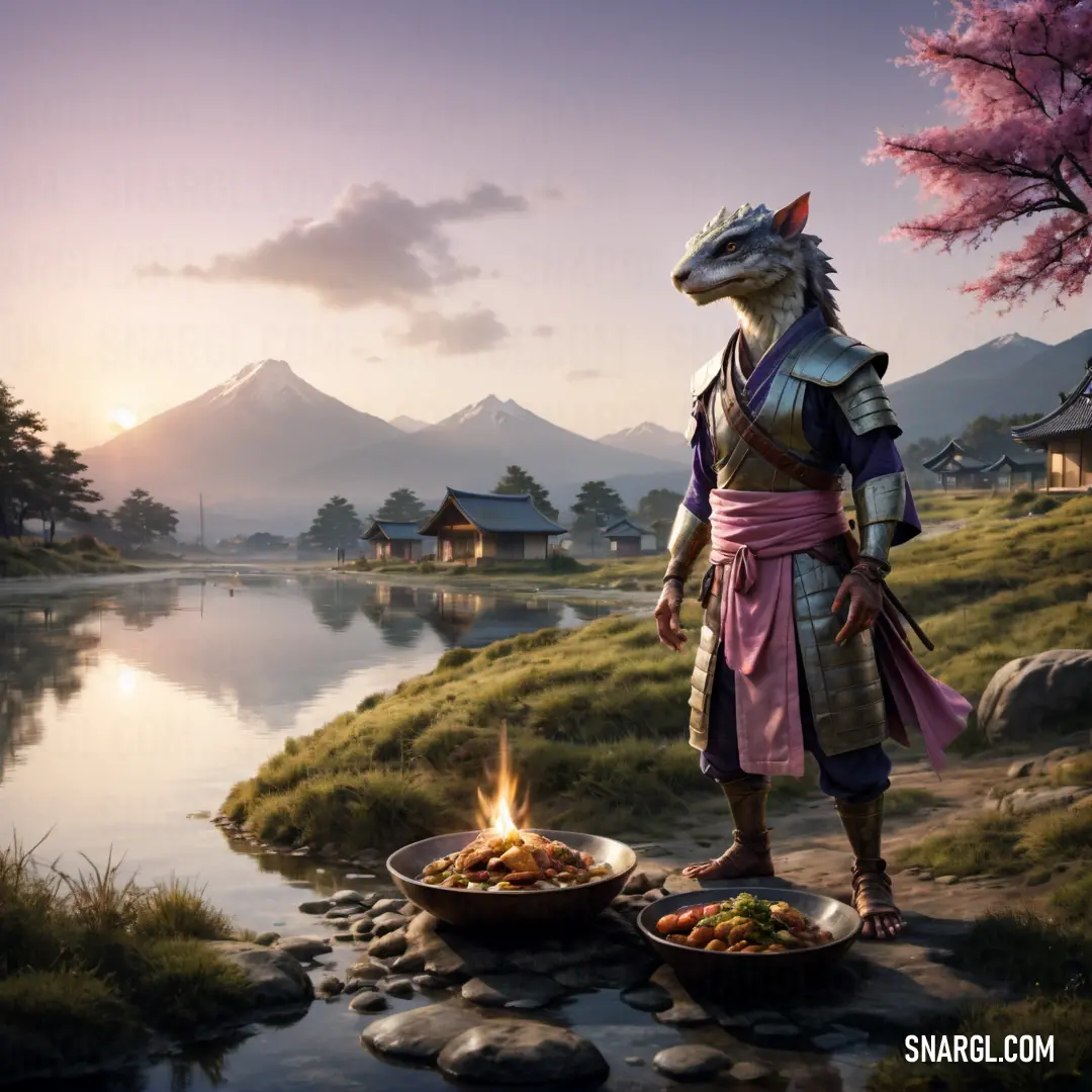 Person standing next to a bowl of food near a lake and mountains with a Nomad on it's head