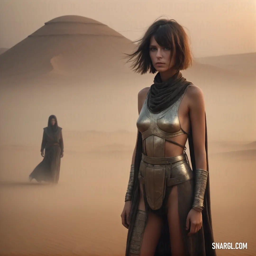 Nomad in a desert scene with a man in the background wearing a costume and a scarf on her head