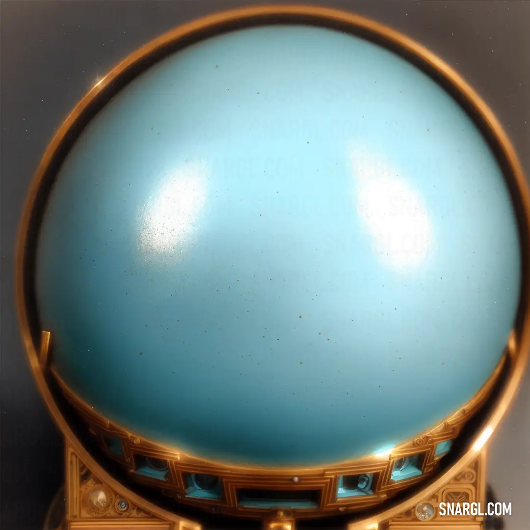 Blue ball on top of a wooden stand with a mirror on top of it's sides