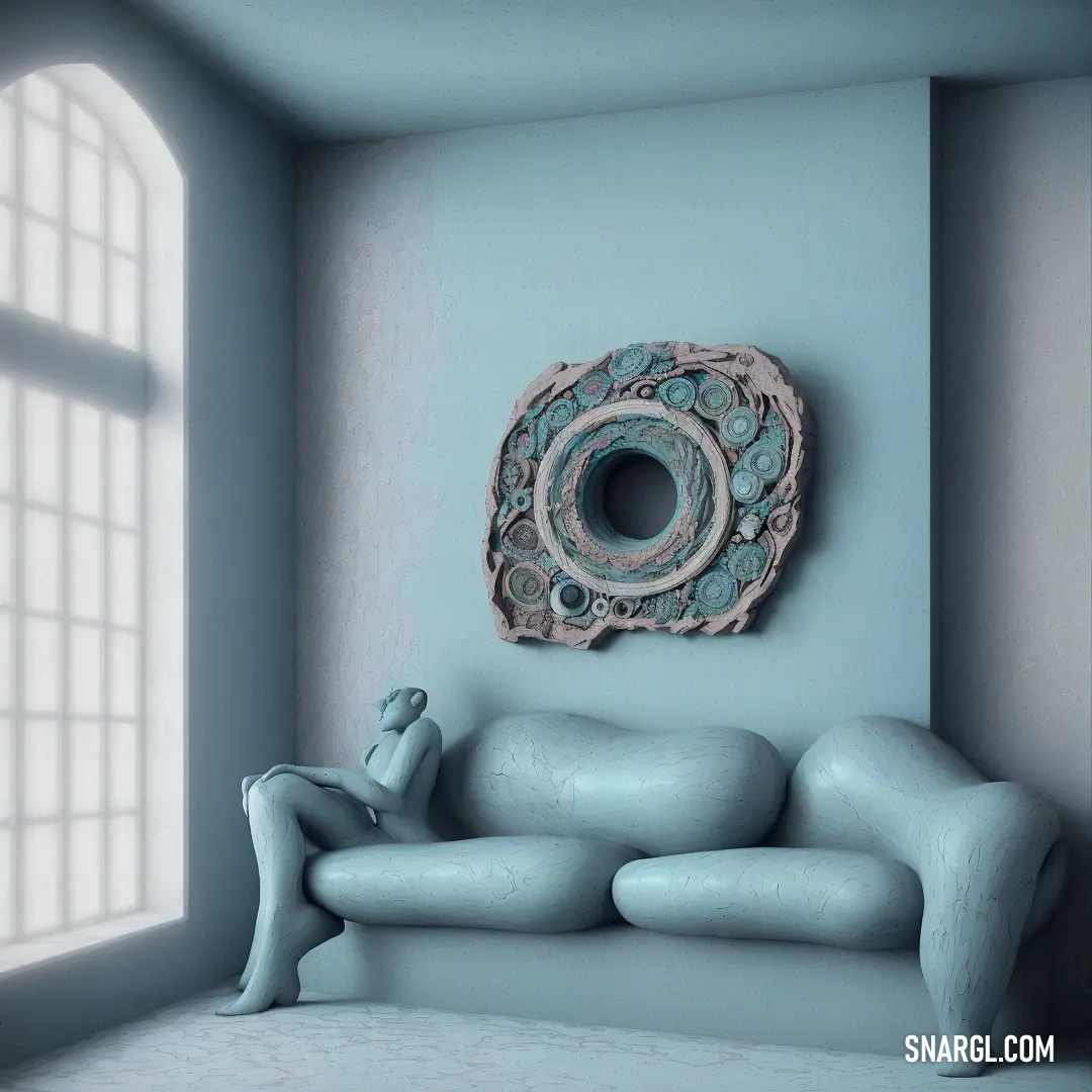 Blue room with a couch and a mirror on the wall and a person on the couch in front of it
